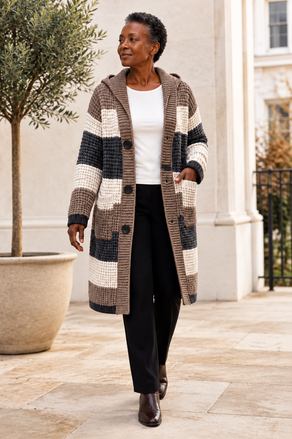 Mid-Length Hooded Chunky Knit Cardigan