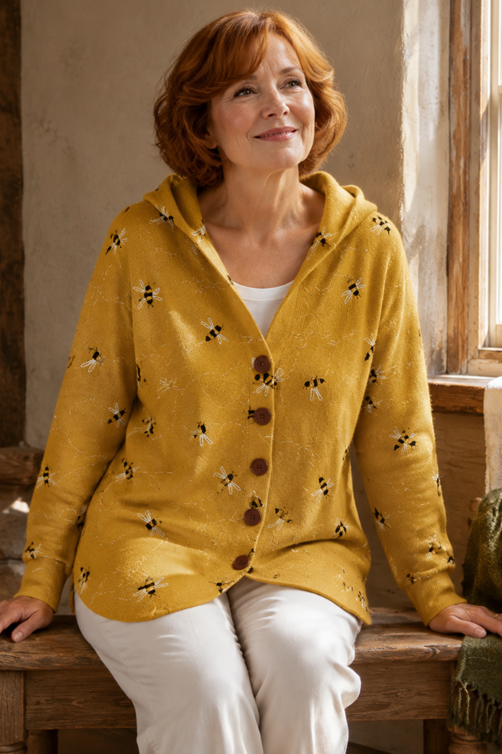 Honeybee Print Hooded Knit Cardigan