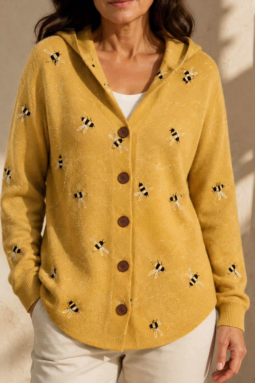 Honeybee Print Hooded Knit Cardigan