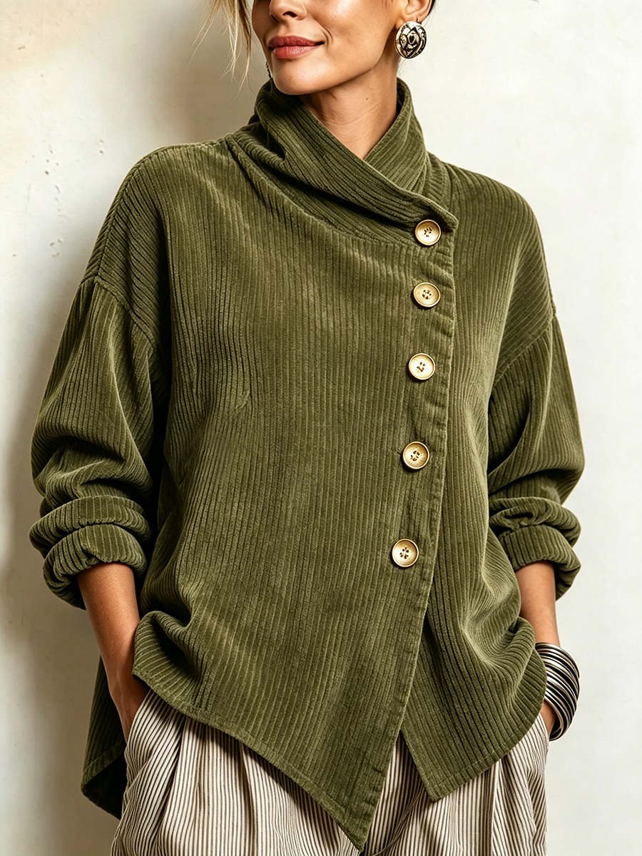 Clara Chic High Neck Asymmetric Corduroy Top