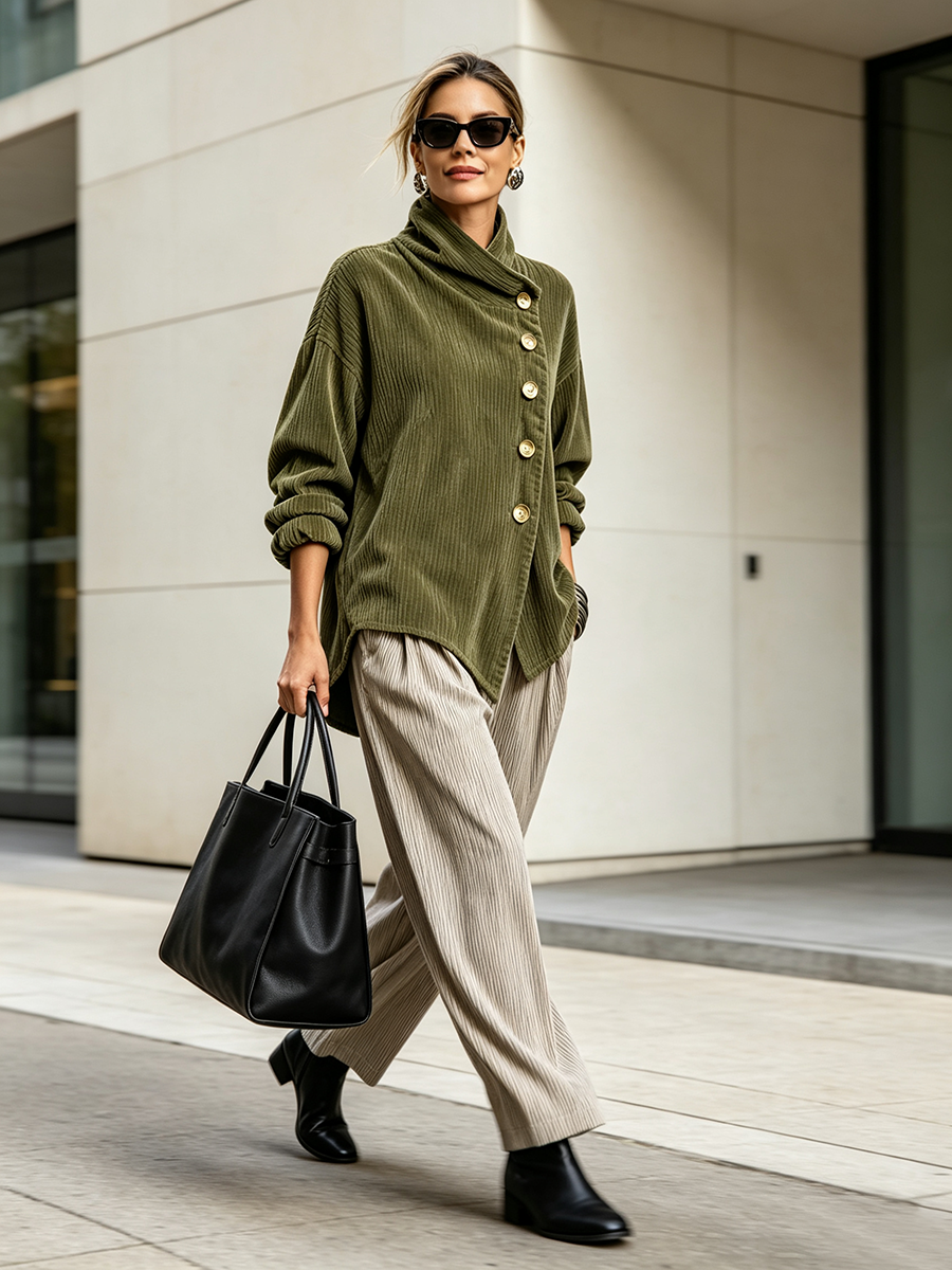 Clara Chic High Neck Asymmetric Corduroy Top