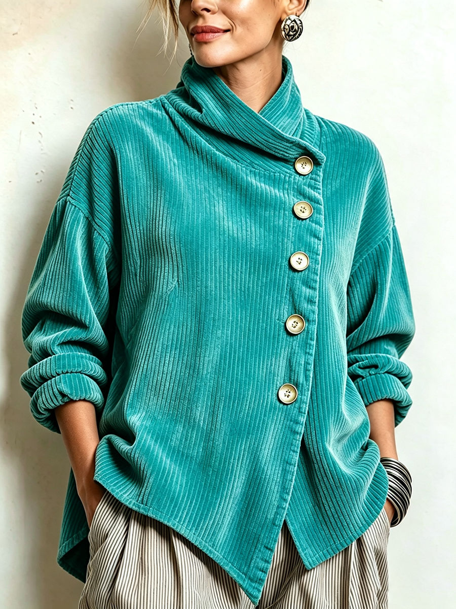 Clara Chic High Neck Asymmetric Corduroy Top